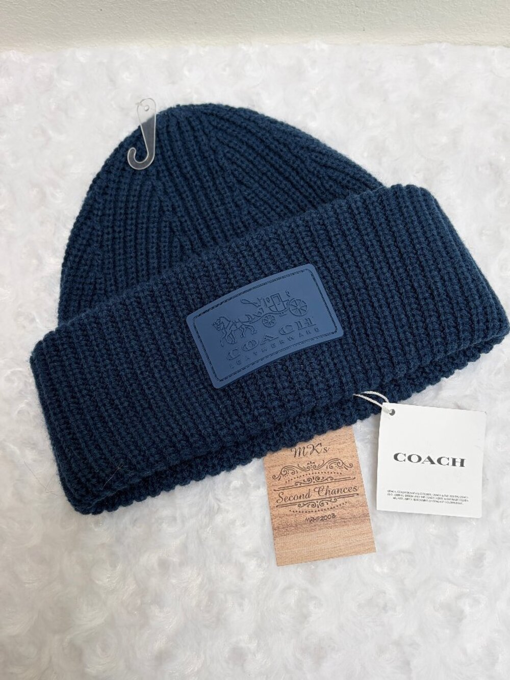 Coach Patch Ribbed Knit Beanie Hat in True Blue - NWT